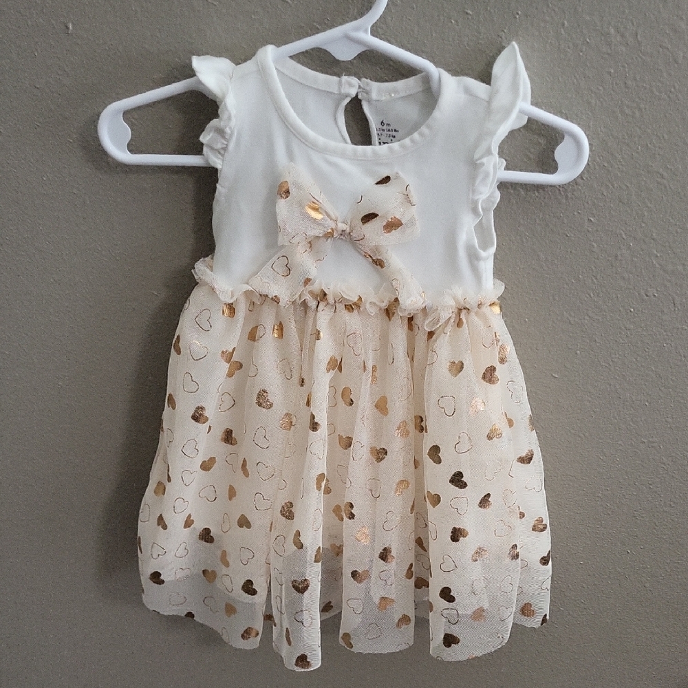 Girls White and Gold Heart Tulle Party Dress with Bow